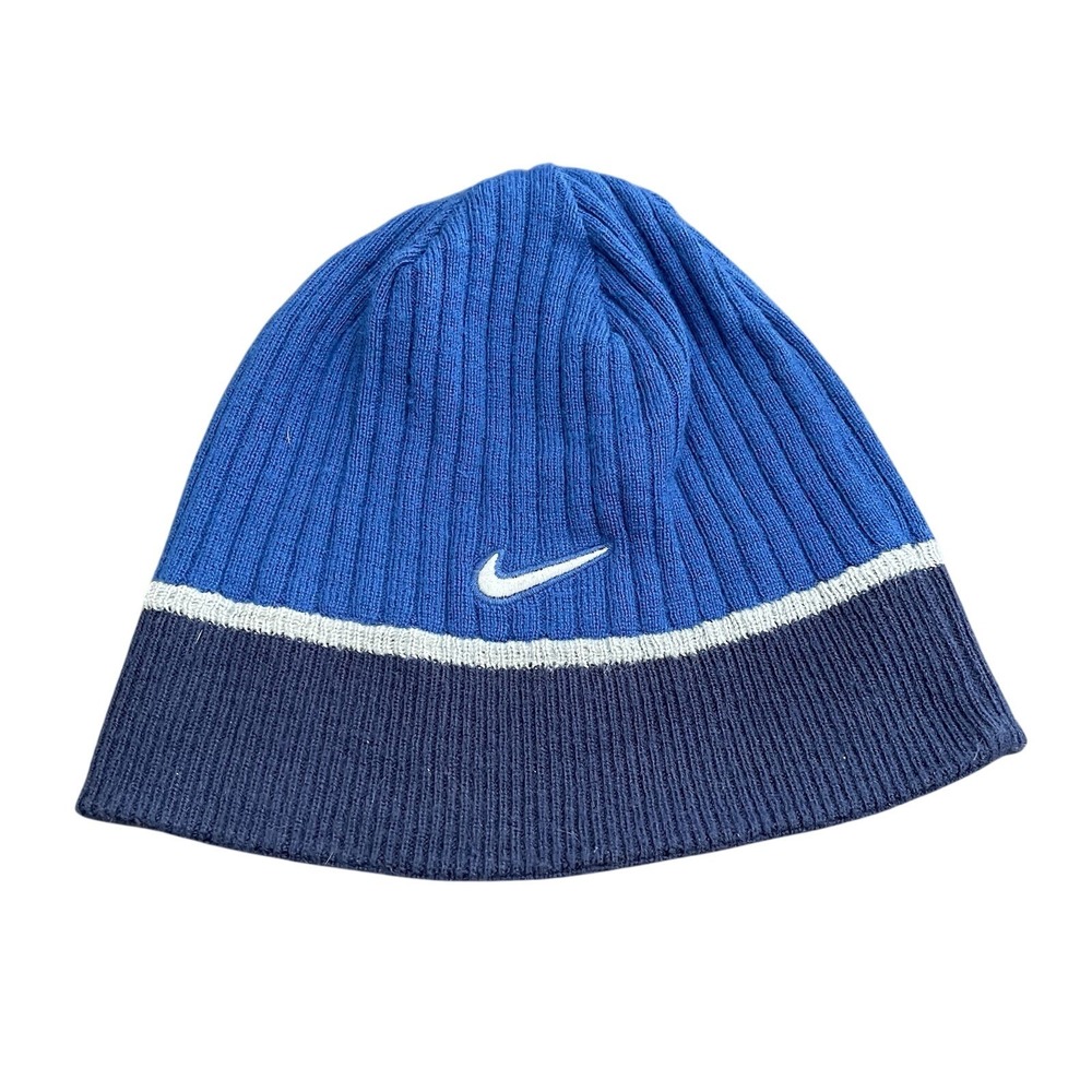 Vtg Y2K Nike Hat Cap Beanie Mens Knit Reversible Blue Gray Striped Logo Skater